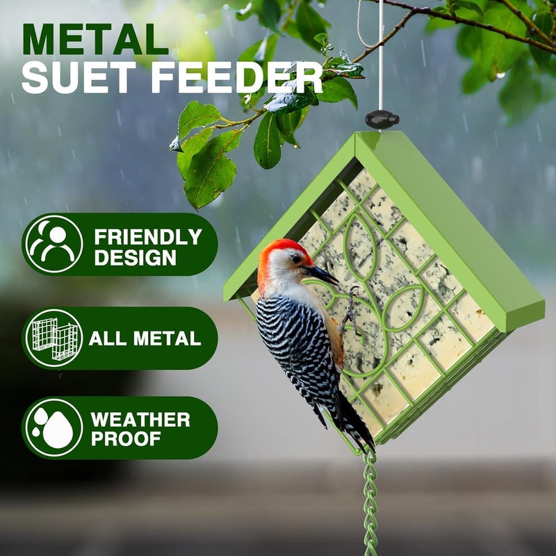 FlowaFoli Suet Bird Feeder for Outside, Metal Suet Feeder for Outside Hanging, Single Suet Cake Capacity, Fruit and Suet Feeder Style for Outside Hanging(Green) - Image 2